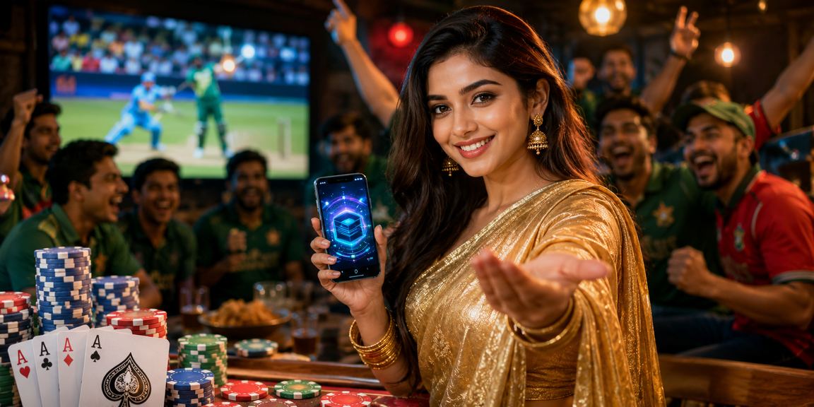 শাড়ি পরিহিতা একজন বাংলাদেশি নারী ক্রিকেট বেটিং প্ল্যাটফর্মে মনোযোগী